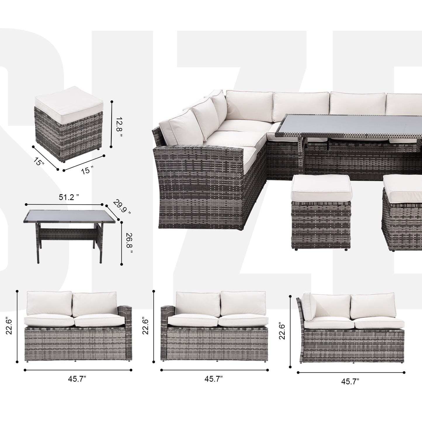 Outdoor Patio Furniture Set,7 Pieces Outdoor Sectional Conversation Sofa with Dining Table,Chairs and Ottomans,All Weather PE Rattan and Steel Frame,With Backrest and Removable Cushions(Grey+Beige)