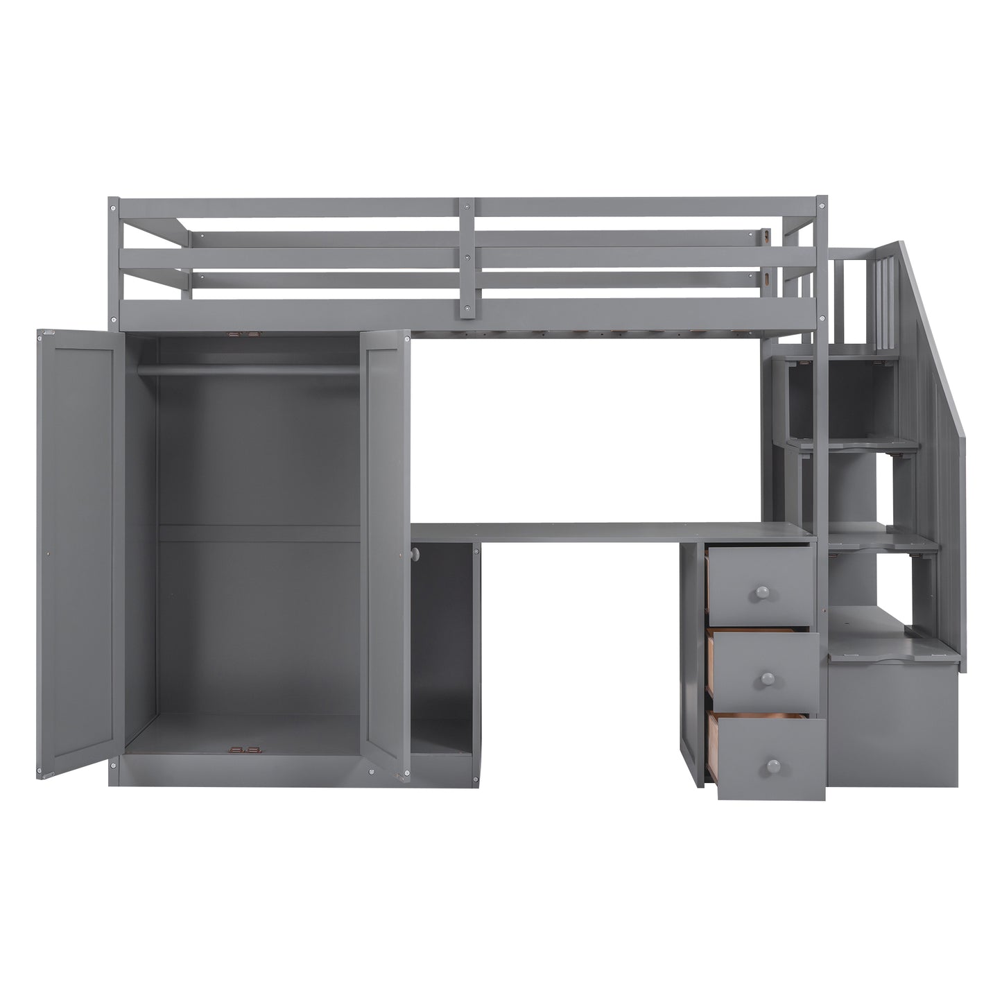 Twin Size Loft Bed with Wardrobe and Staircase, Desk and Storage Drawers and Cabinet in 1,Gray