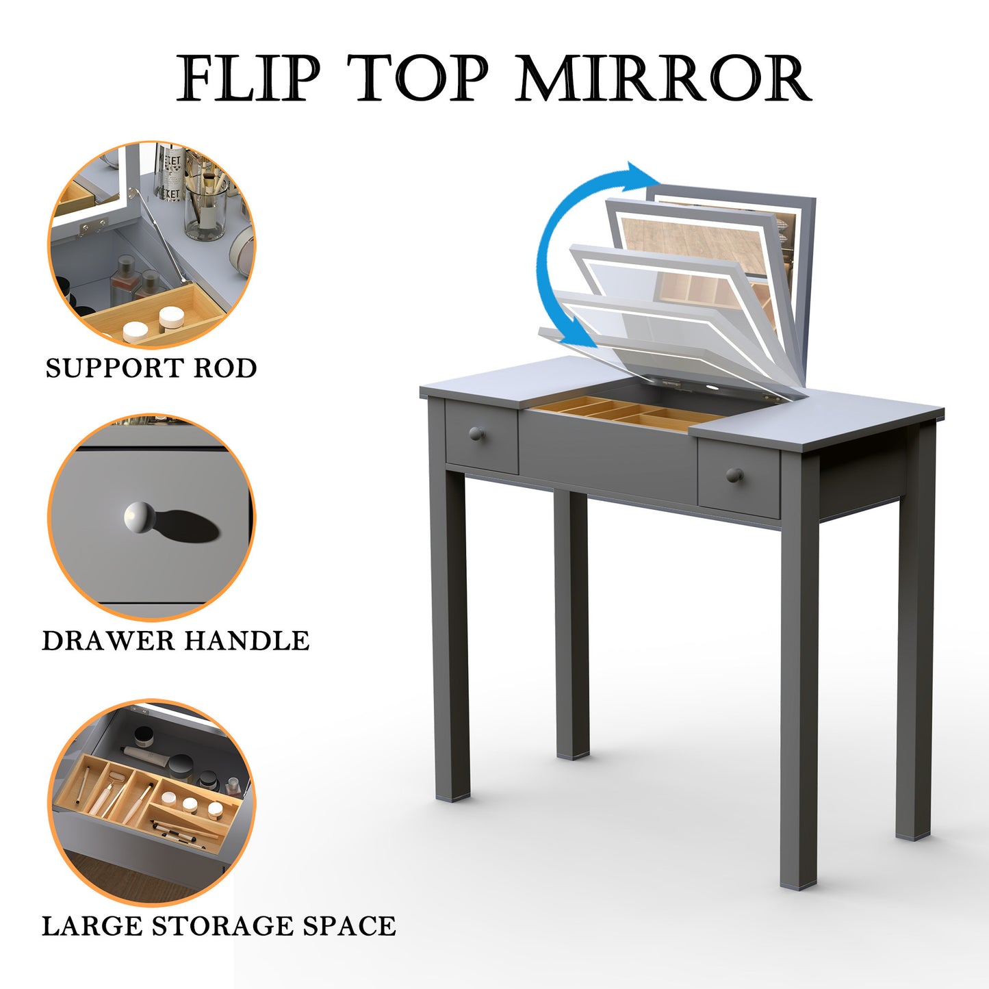 Sleek Grey Vanity Table with LED Lights, Flip-Top Mirror and 2 Drawers, Jewelry Storage for Women Dressing