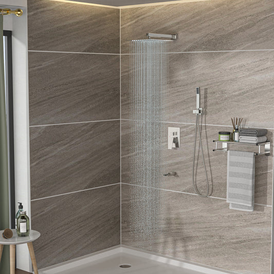 Shower System with Waterfall Tub Spout,10 Inch Wall Mounted Square Shower System with Rough-in Valve, Brushed Nickel