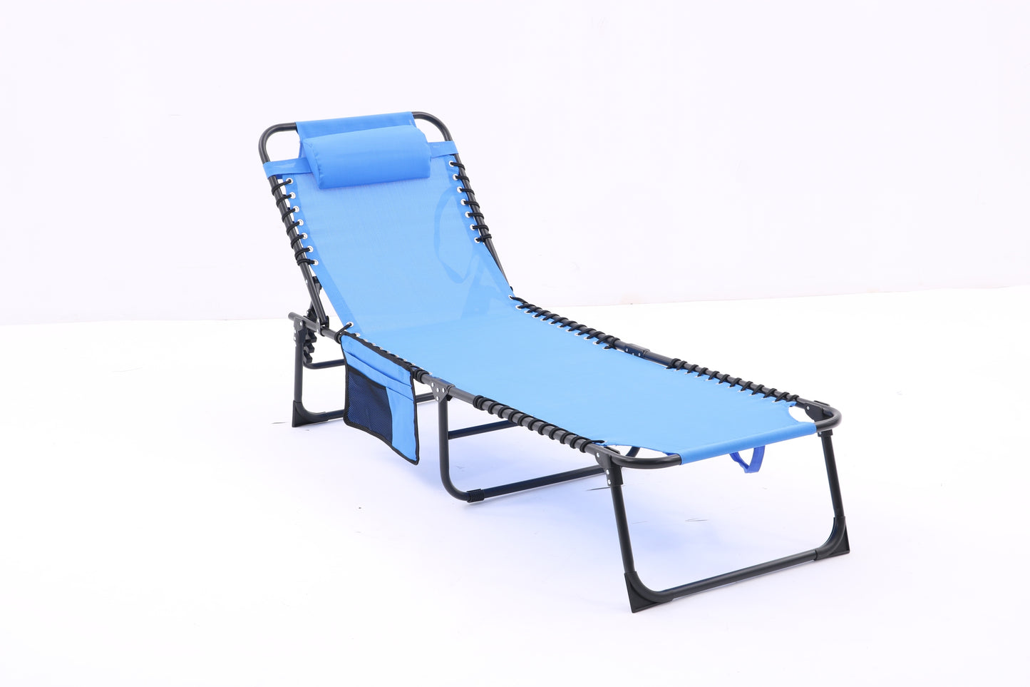 Folding Textilene Waterproof Patio Chaise Lounge Chair,Outdoor Adjustable and Reclining Tanning Chair with Pillow and Side Pocket for Lawn,Beach,Pool,Portable Camping and Sunbathing(2 Pieces,Blue)