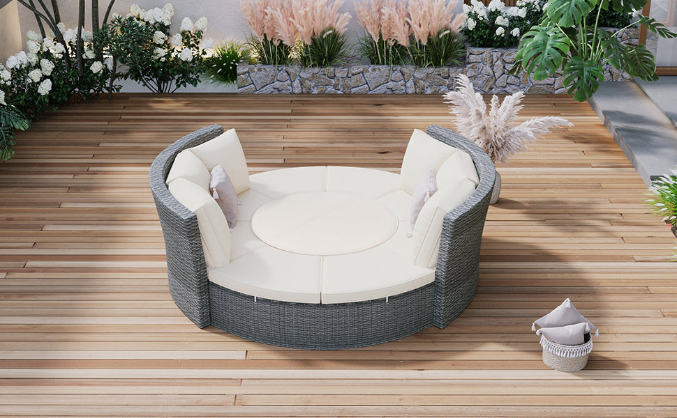 TOPMAX Patio 5-Piece Round Rattan Sectional Sofa Set All-Weather PE Wicker Sunbed Daybed with Round Liftable Table and Washable Cushions for Outdoor Backyard Poolside, Beige