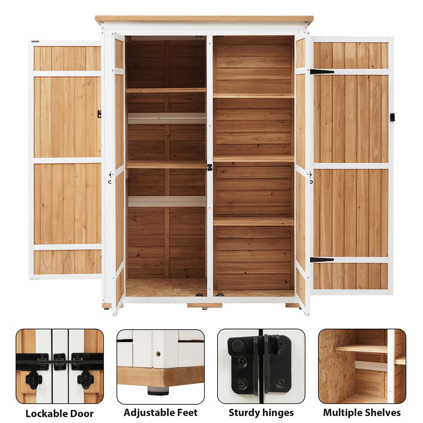 [Video Provided] TOPMAX Outdoor 5.5ft Hx4.1ft L Wood Storage Shed, Garden Tool Cabinet with Waterproof Asphalt Roof, Four Lockable Doors, Multiple-tier Shelves, Natural