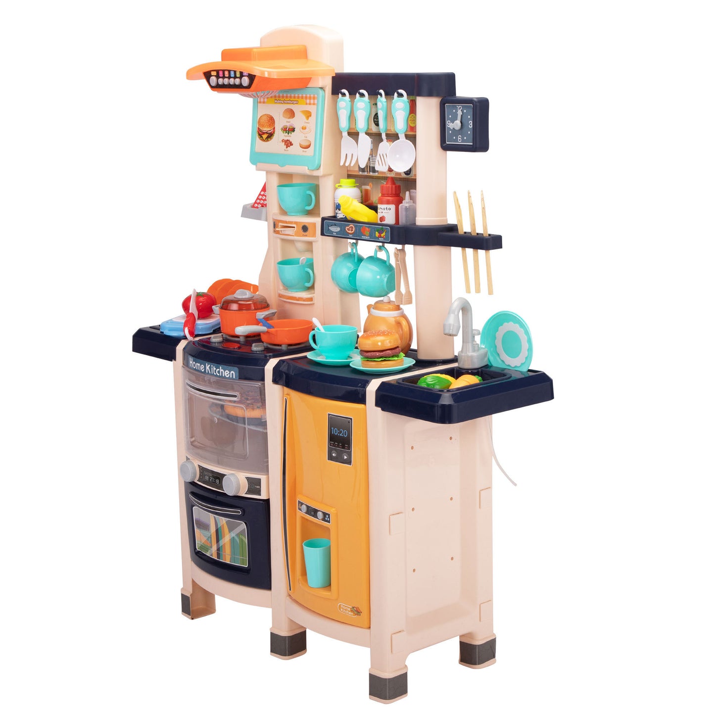 Large Pretend Play Kitchen Set Kids Cooking Playset with Realistic Lights, Vivid Sounds, Play Phone, Clock and 65 Pcs Accessories, 3 +, Blue