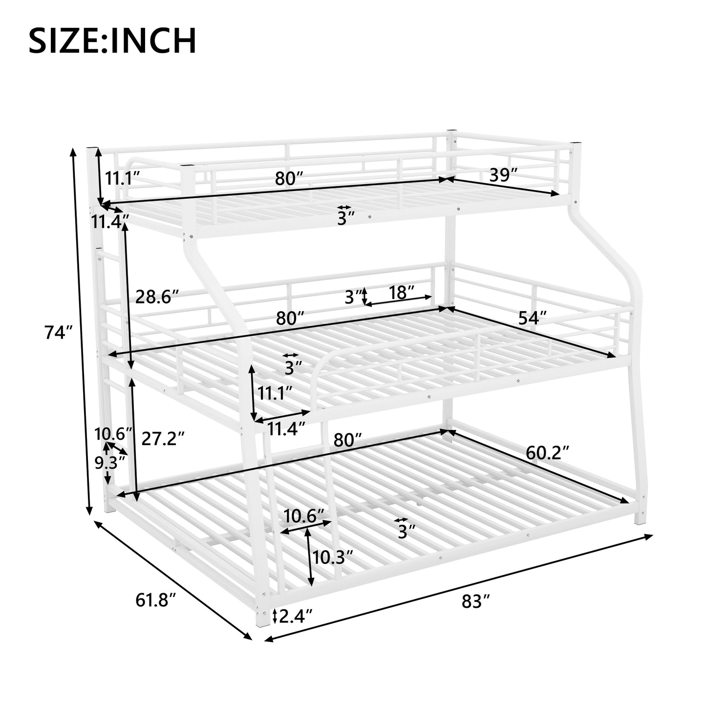 Twin XL/Full XL/Queen Triple Bunk Bed with Long and Short Ladder and Full-Length Guardrails,White