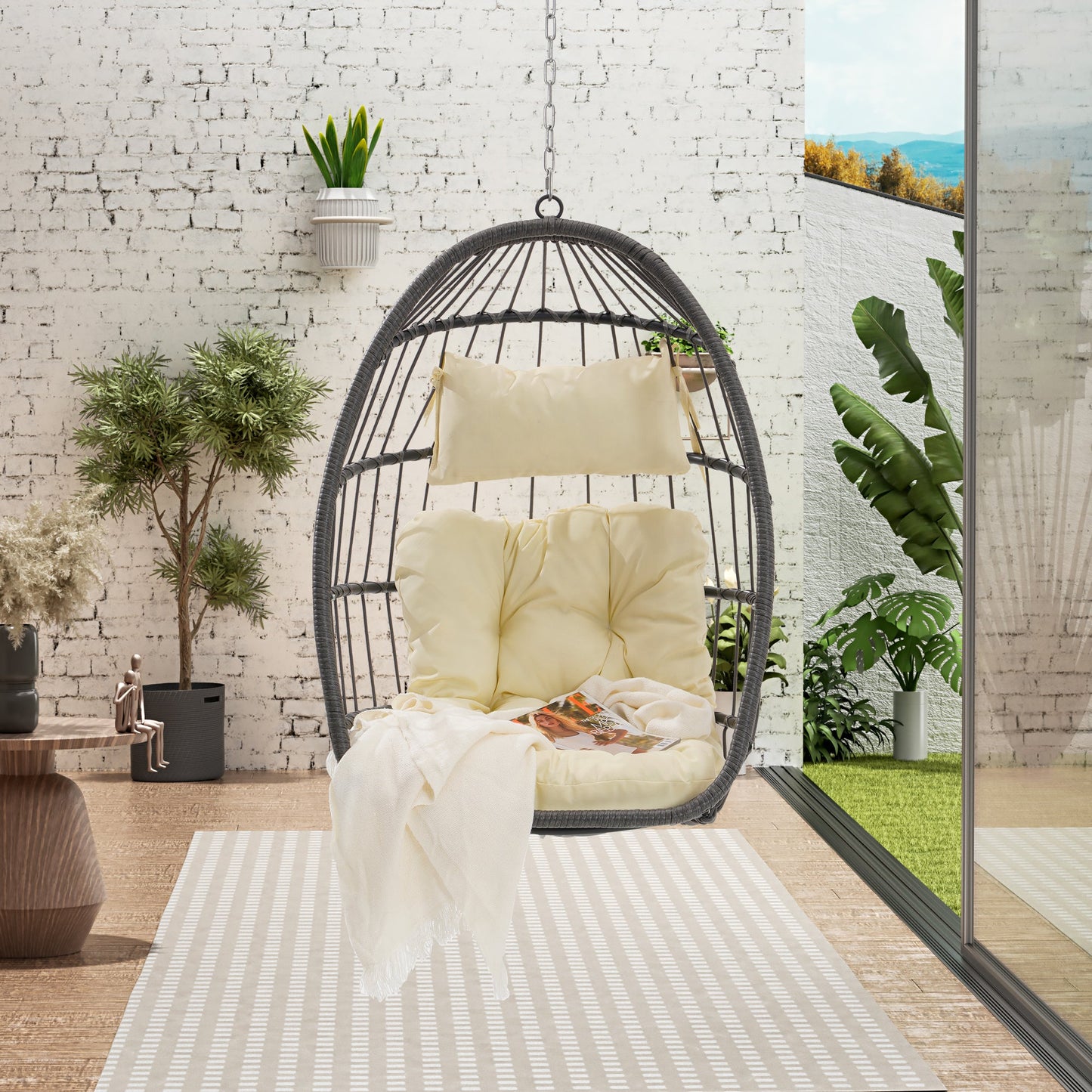 Outdoor Garden Rattan Egg Swing Chair Hanging Chair Wood