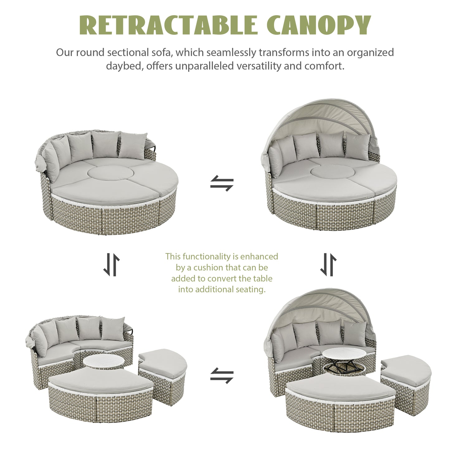 TOPMAX Patio Furniture Round Outdoor Sectional Sofa Set Rattan Daybed Two-Tone Weave Sunbed with Retractable Canopy, Separate Seating and Removable Cushion, Gray