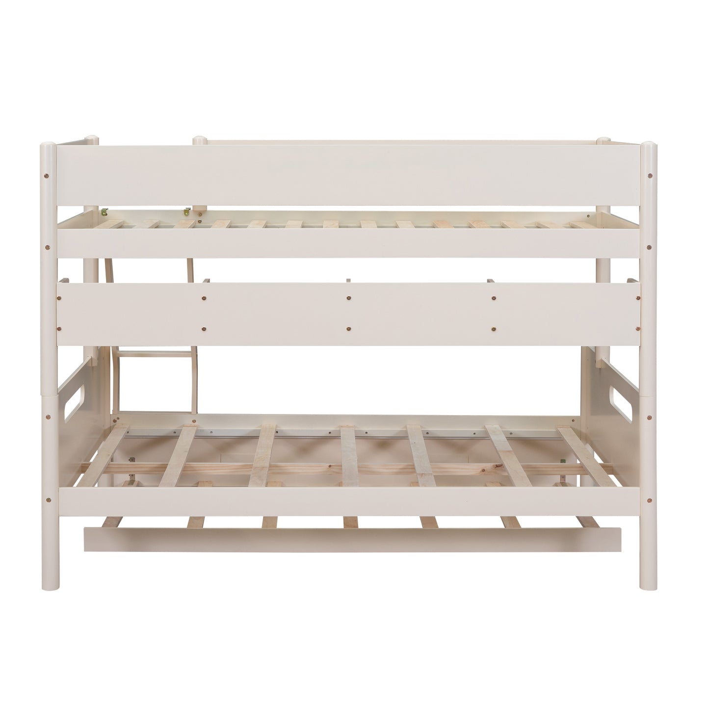 Wood Twin over Full Bunk Bed with Storage Shelves and Twin Size Trundle, Cream