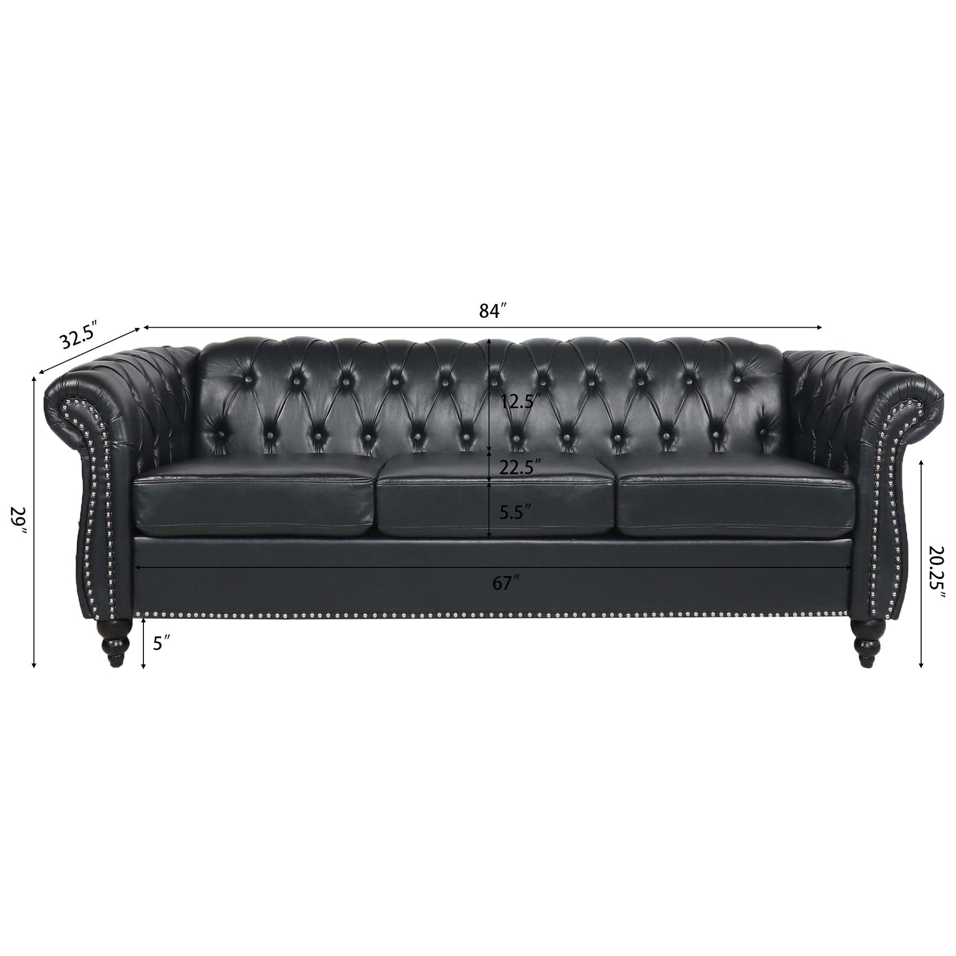 Black PU Rolled Arm Chesterfield Three Seater Sofa-8