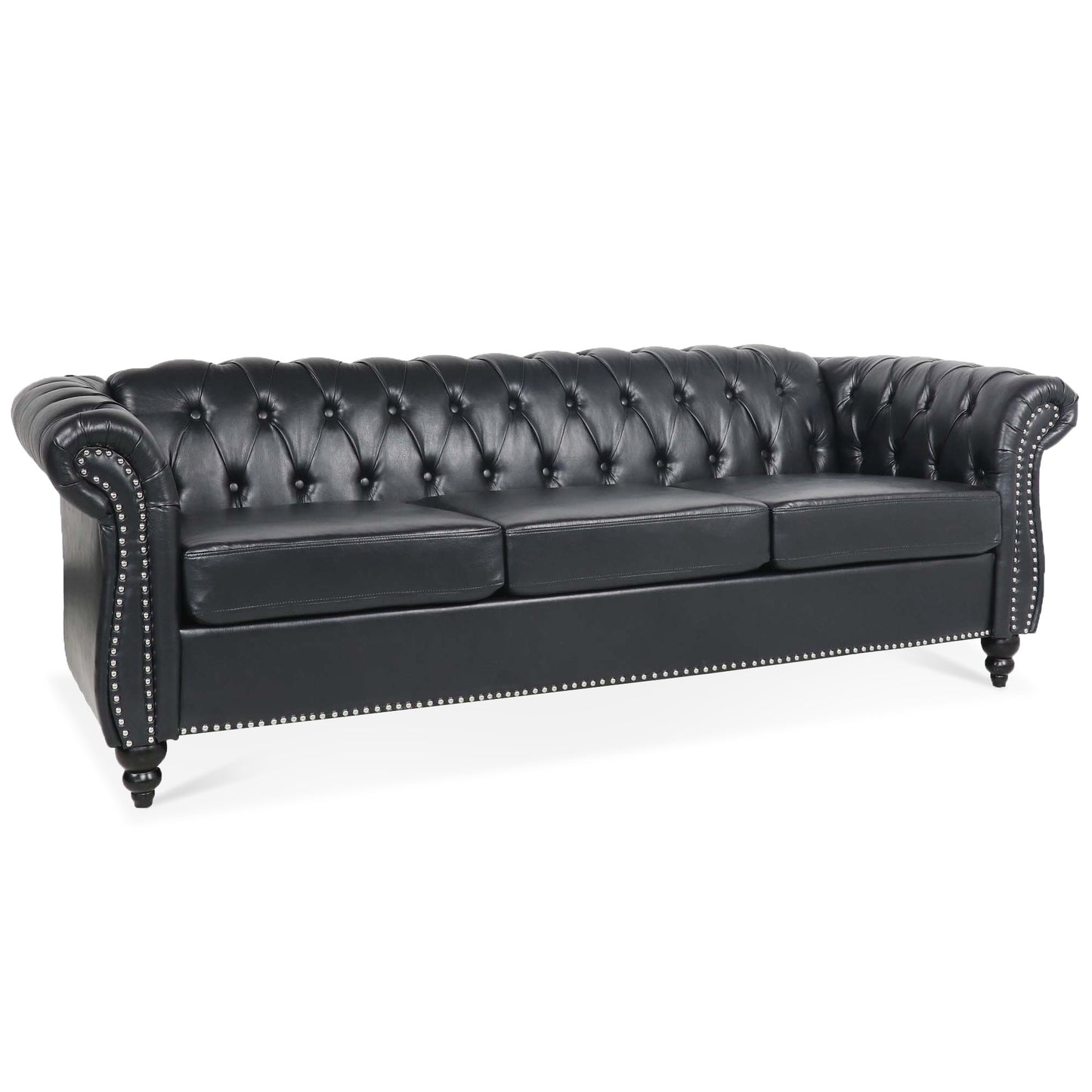 Black PU Rolled Arm Chesterfield Three Seater Sofa-3