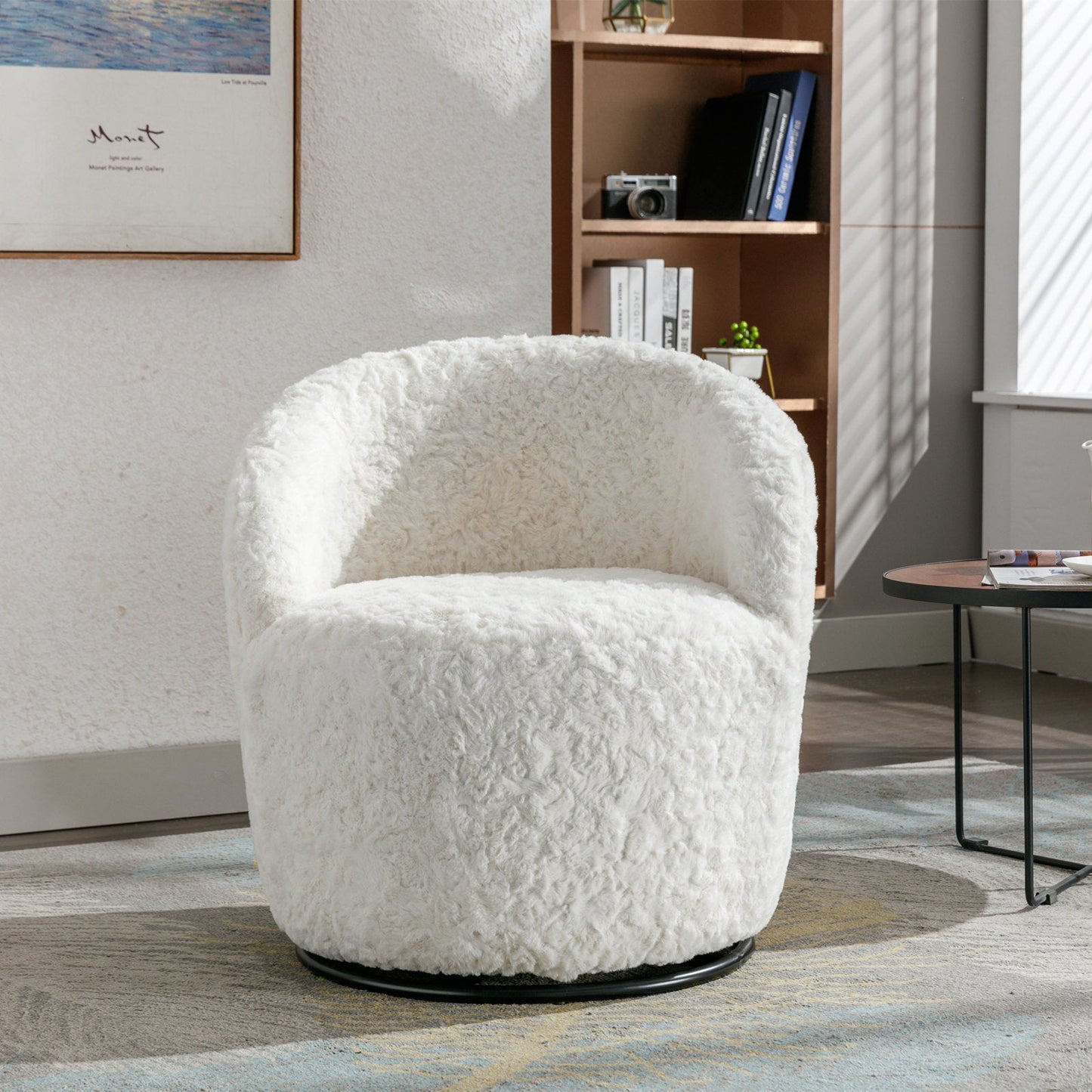 A&A Furniture,Artificial Rabbit Hair Fabric Swivel Accent Armchair Barrel Chair-12