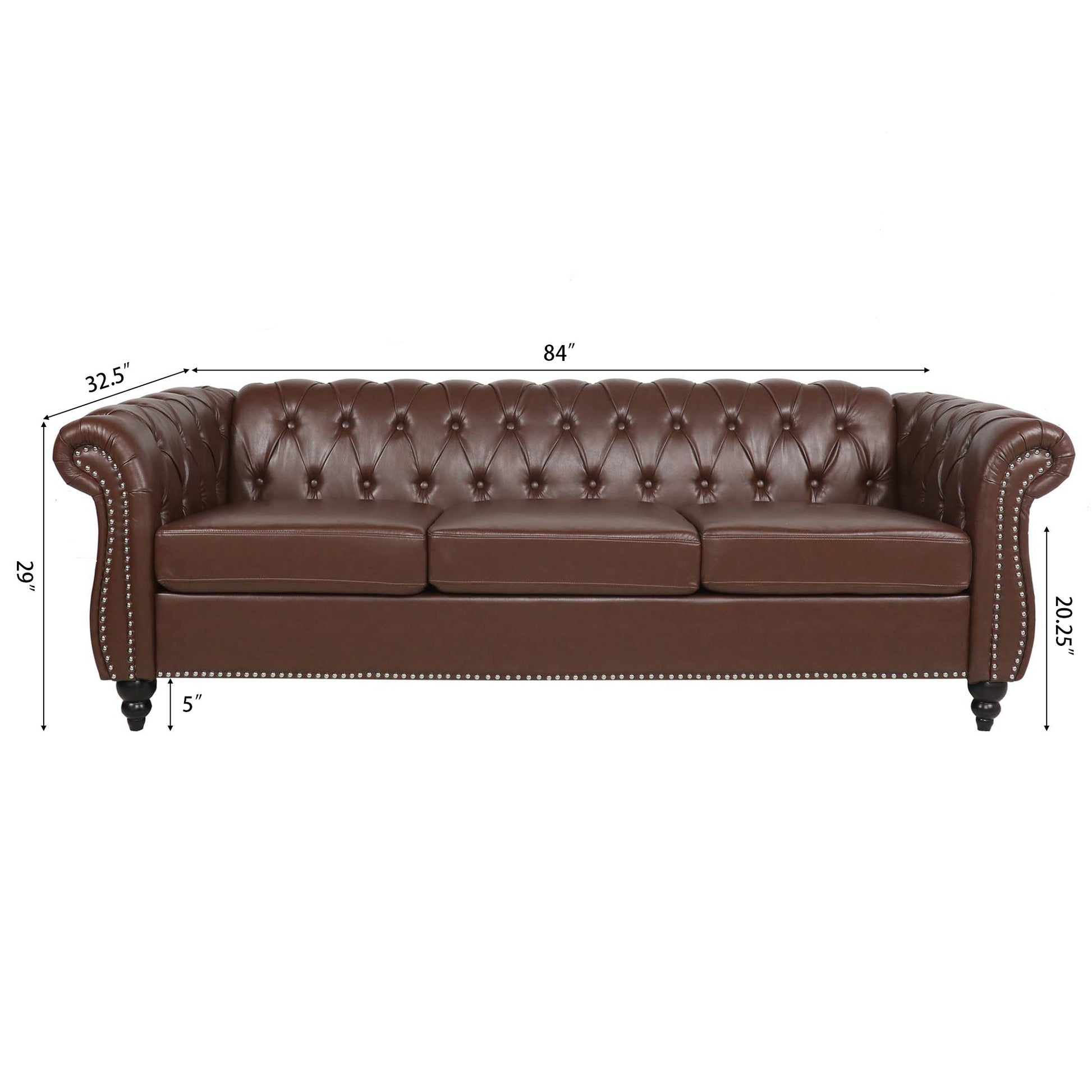 Dark Brown PU Rolled Arm Chesterfield 3 Seater Sofa-5