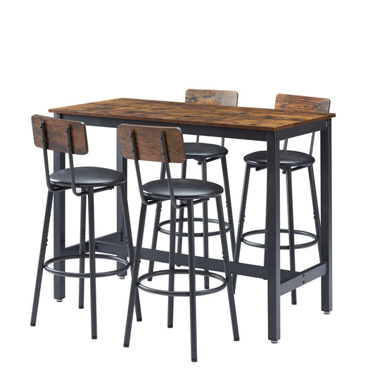 Bar Table Set with 4 Bar stools PU Soft seat with backrest, Rustic Brown-0