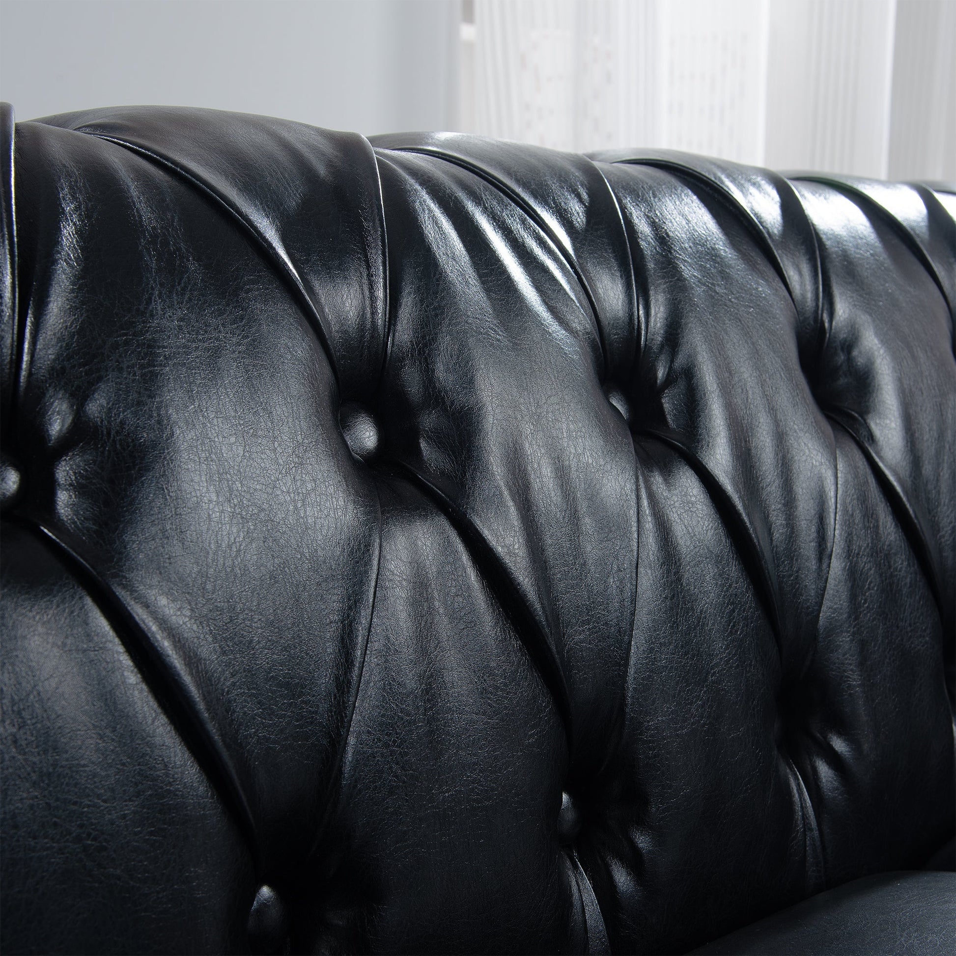 Black PU Rolled Arm Chesterfield Three Seater Sofa-12