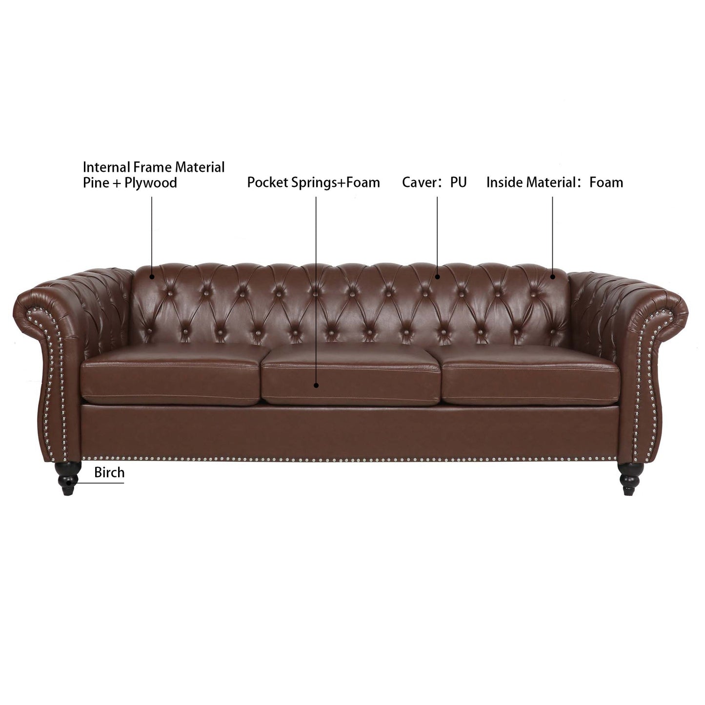 Dark Brown PU Rolled Arm Chesterfield 3 Seater Sofa-6