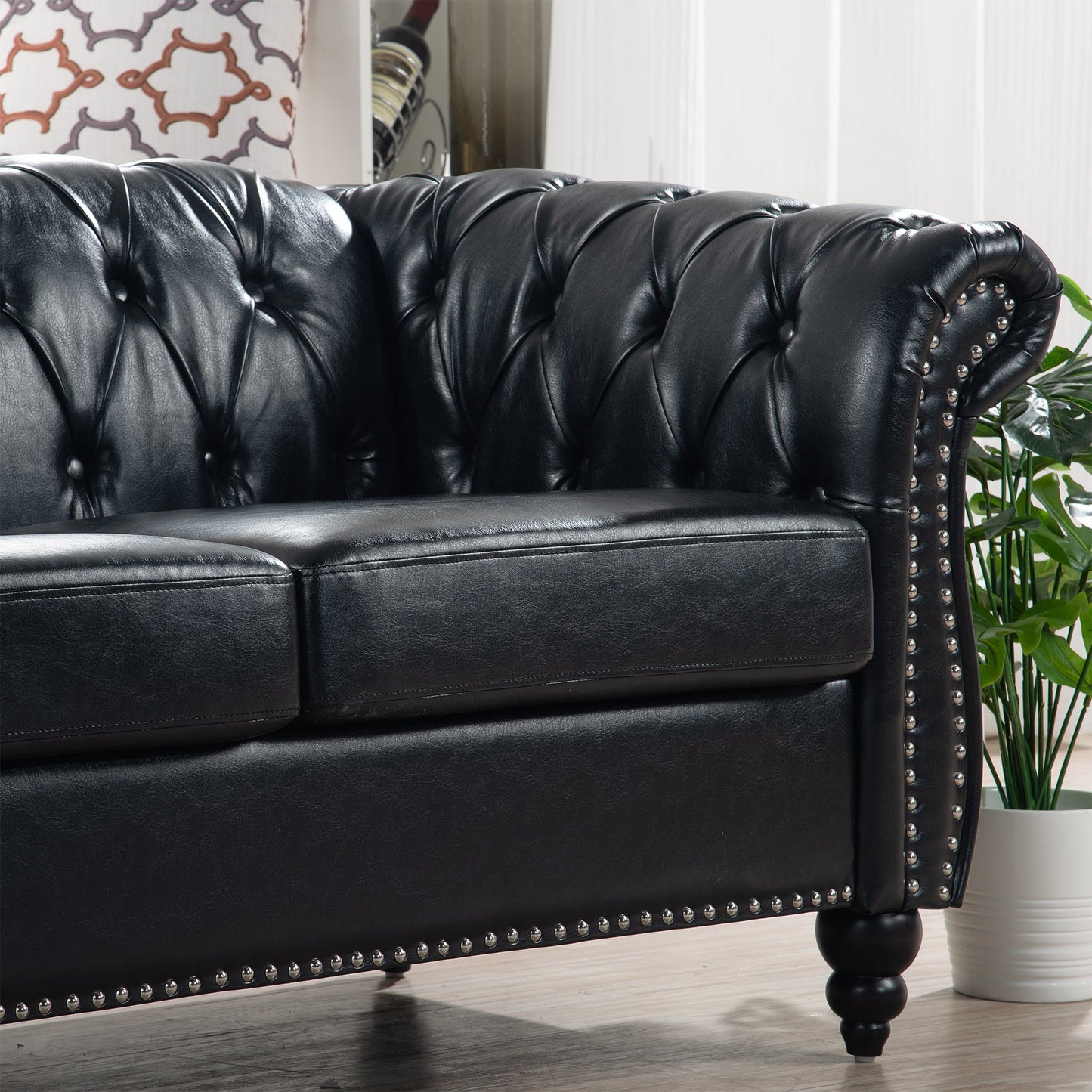 Black PU Rolled Arm Chesterfield Three Seater Sofa-11