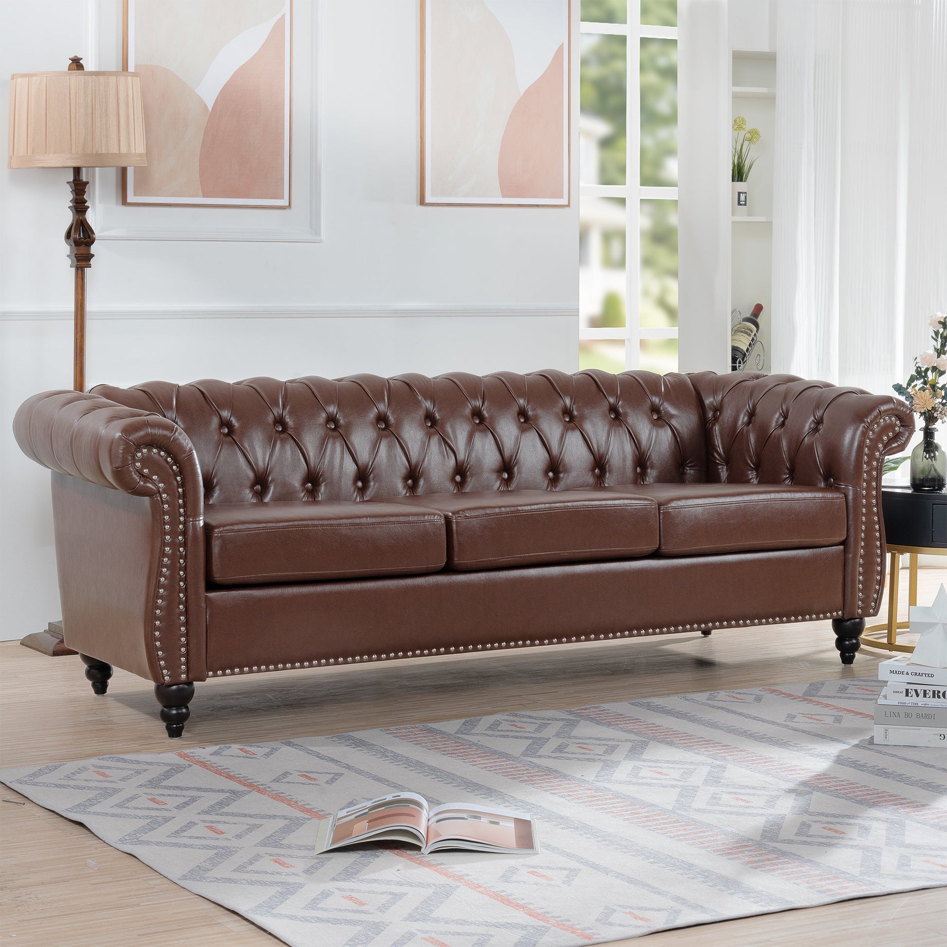 Dark Brown PU Rolled Arm Chesterfield 3 Seater Sofa-1