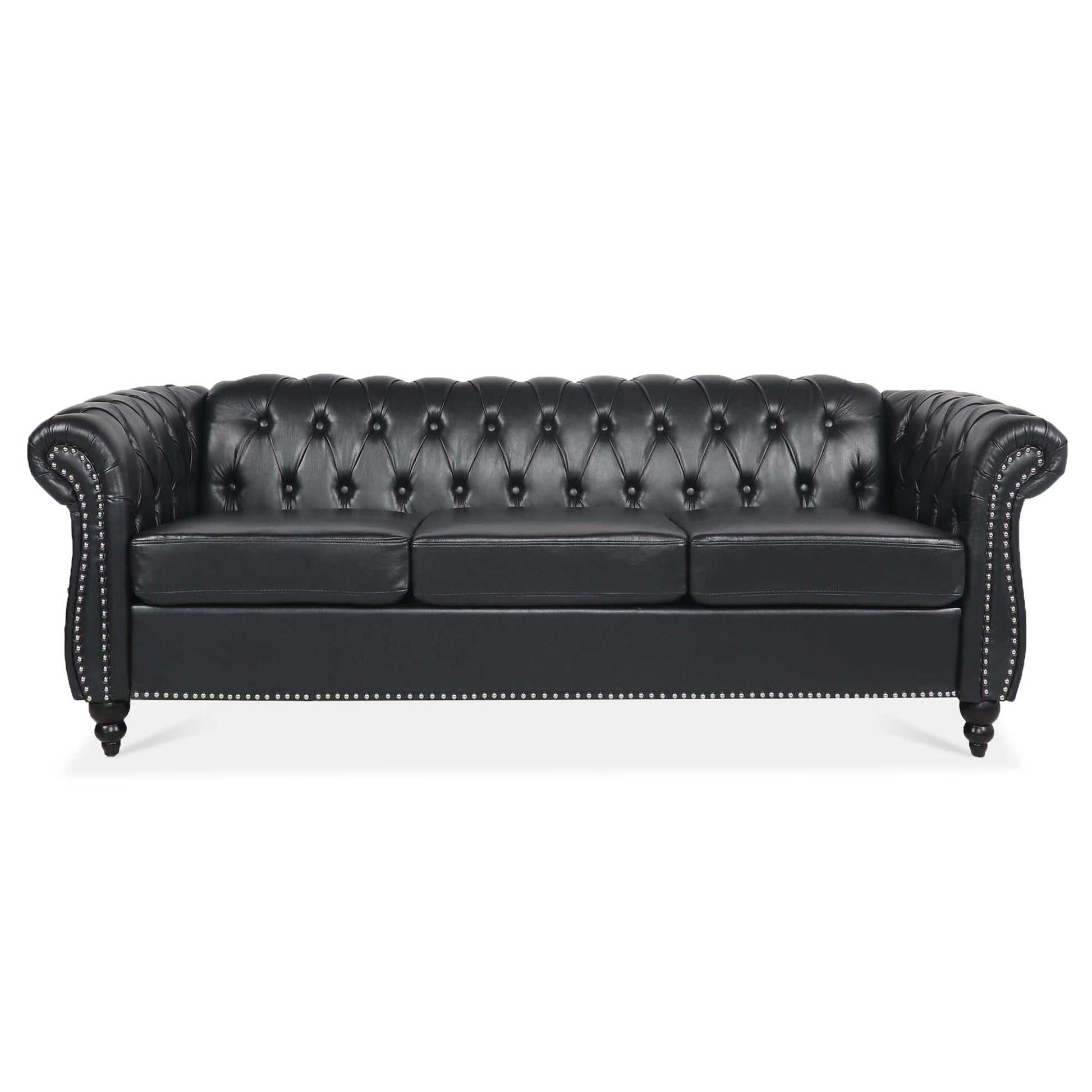 Black PU Rolled Arm Chesterfield Three Seater Sofa-0