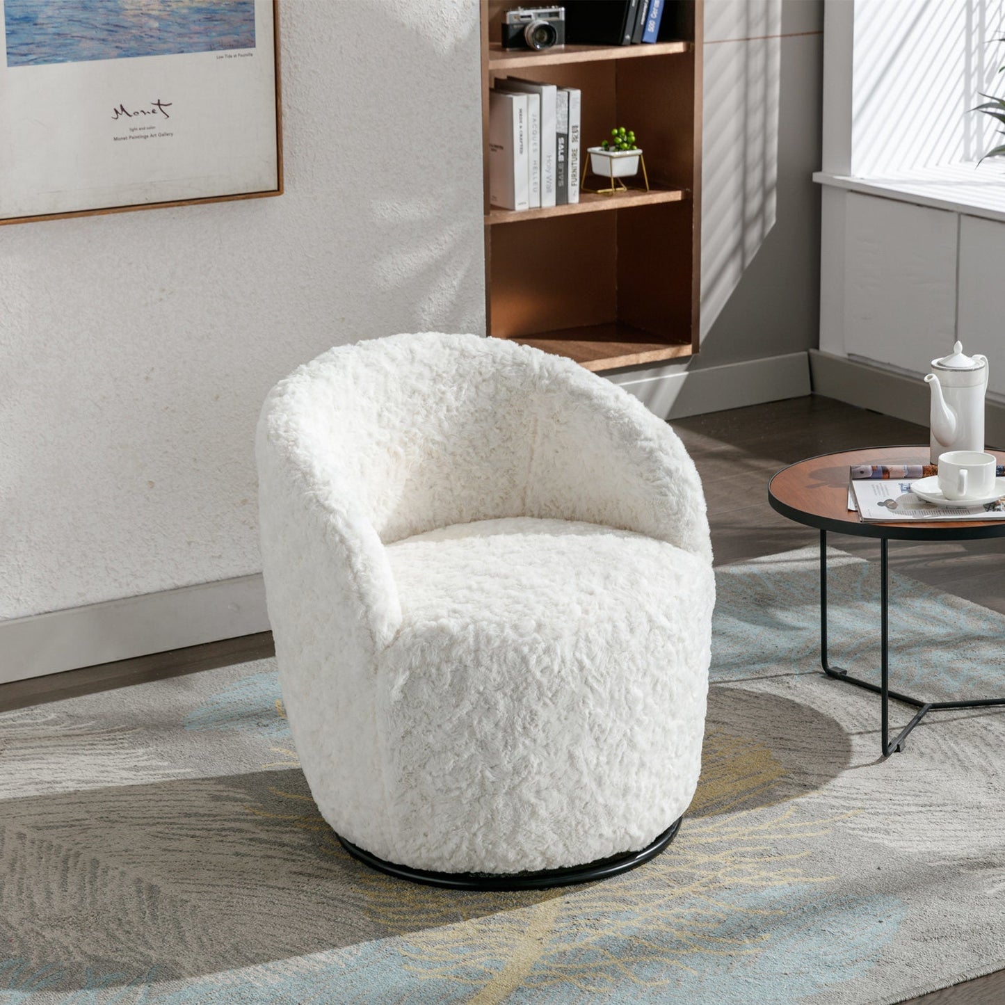 A&A Furniture,Artificial Rabbit Hair Fabric Swivel Accent Armchair Barrel Chair-13