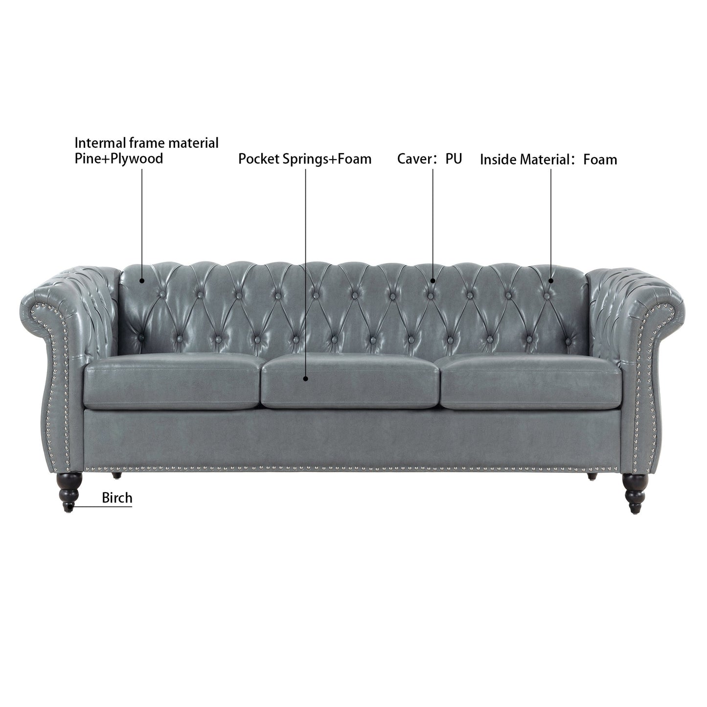 Rolled Arm Chesterfield 3 Seater Sofa-8