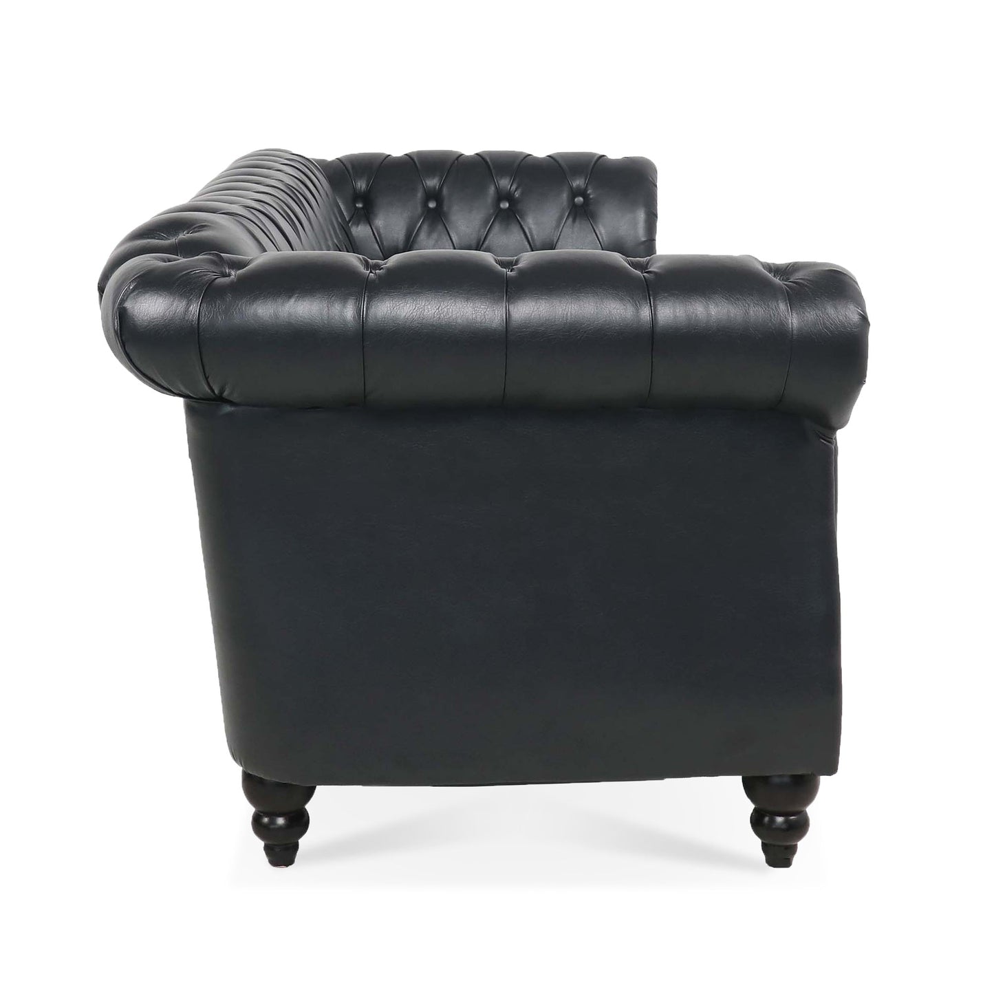 Black PU Rolled Arm Chesterfield Three Seater Sofa-4