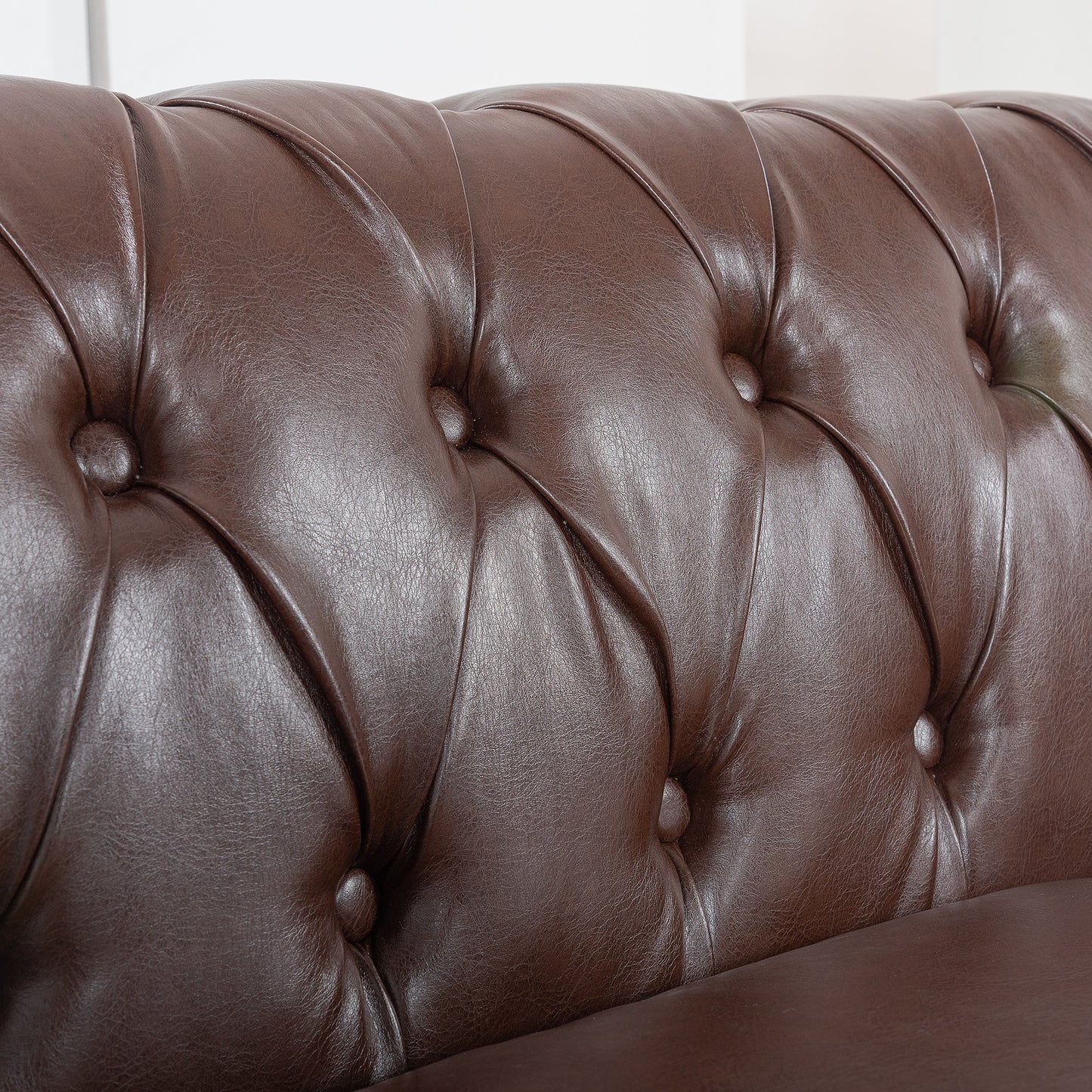 Dark Brown PU Rolled Arm Chesterfield 3 Seater Sofa-3