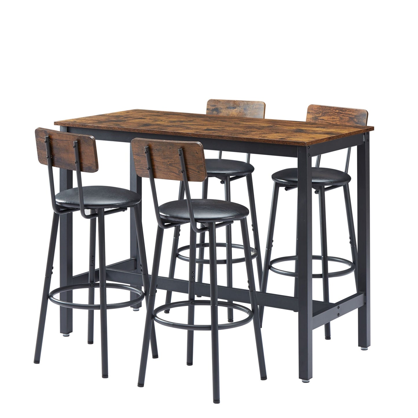 Bar Table Set with 4 Bar stools PU Soft seat with backrest, Rustic Brown-0