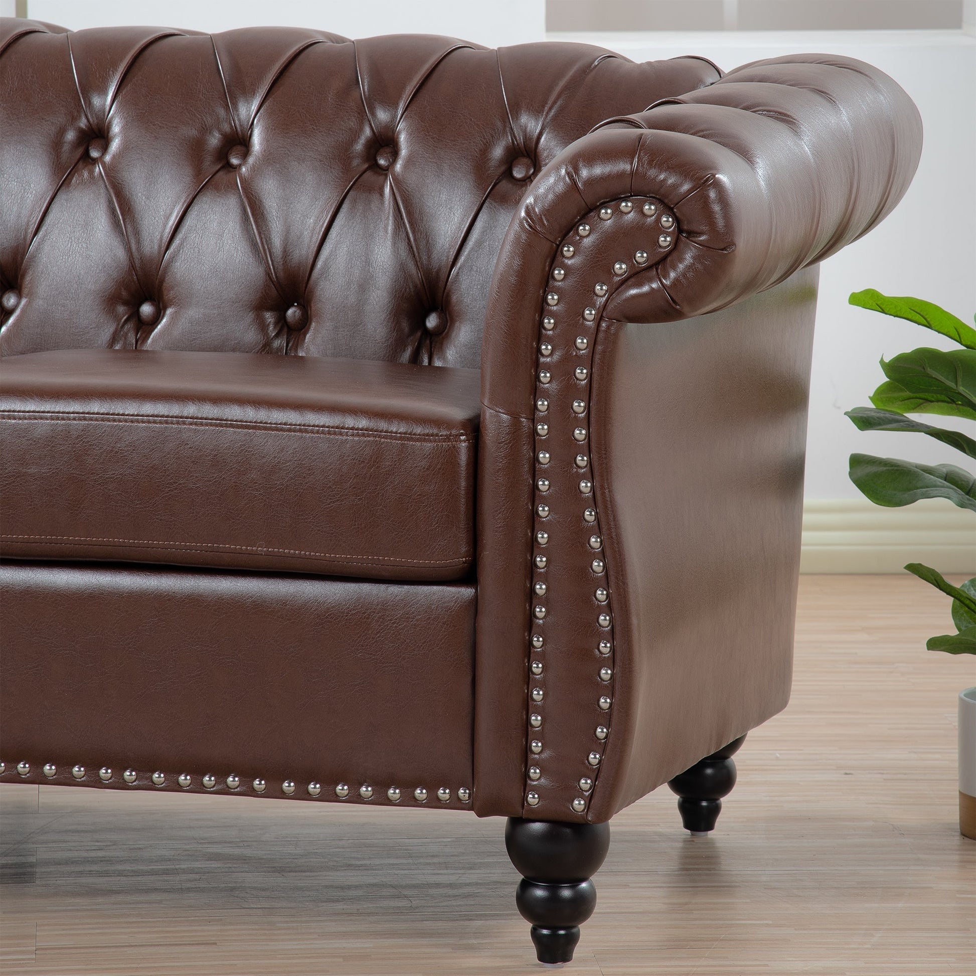 Dark Brown PU Rolled Arm Chesterfield 3 Seater Sofa-2