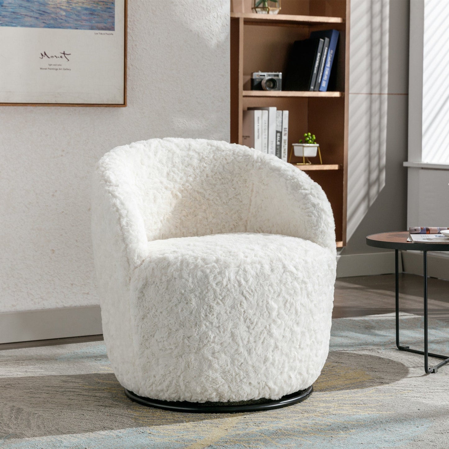 A&A Furniture,Artificial Rabbit Hair Fabric Swivel Accent Armchair Barrel Chair-1