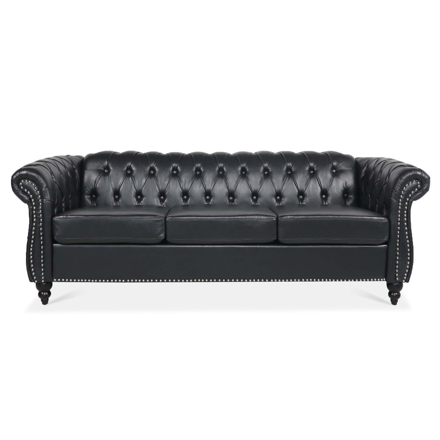 Black PU Rolled Arm Chesterfield Three Seater Sofa-0