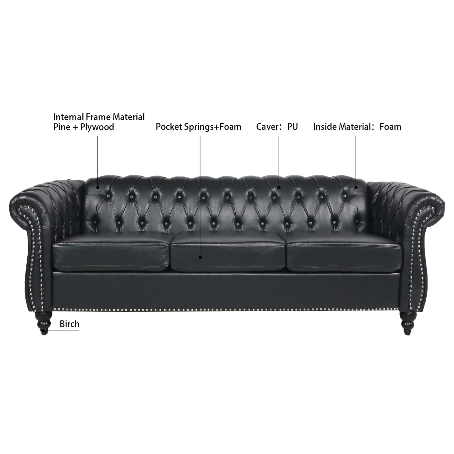 Black PU Rolled Arm Chesterfield Three Seater Sofa-7