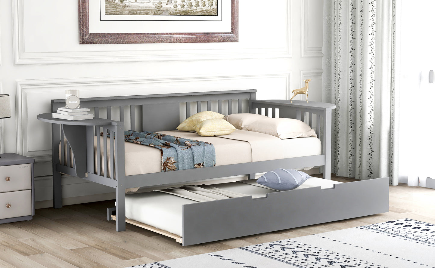 Twin Wooden Daybed with Trundle Bed  , Sofa Bed for Bedroom Living Room, Gray