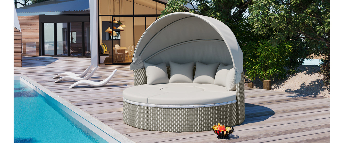 TOPMAX Patio Furniture Round Outdoor Sectional Sofa Set Rattan Daybed Two-Tone Weave Sunbed with Retractable Canopy, Separate Seating and Removable Cushion, Gray