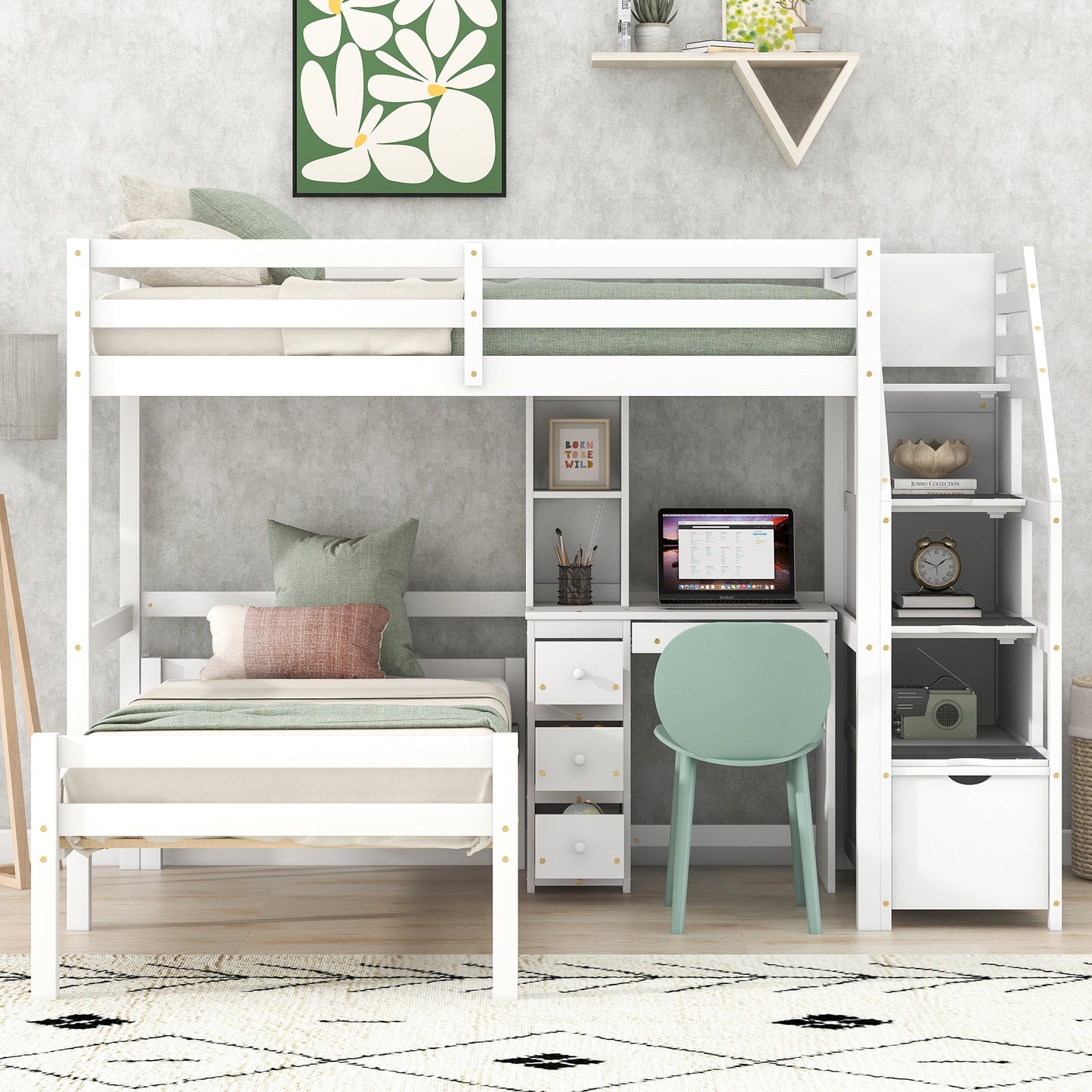 Twin Size Loft Bed with a Stand-alone Bed, Storage Staircase, Desk, Shelves and Drawers, White