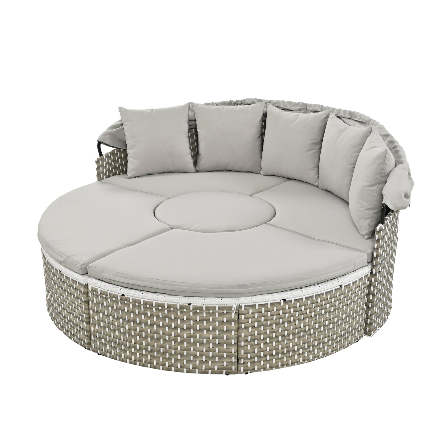 TOPMAX Patio Furniture Round Outdoor Sectional Sofa Set Rattan Daybed Two-Tone Weave Sunbed with Retractable Canopy, Separate Seating and Removable Cushion, Gray