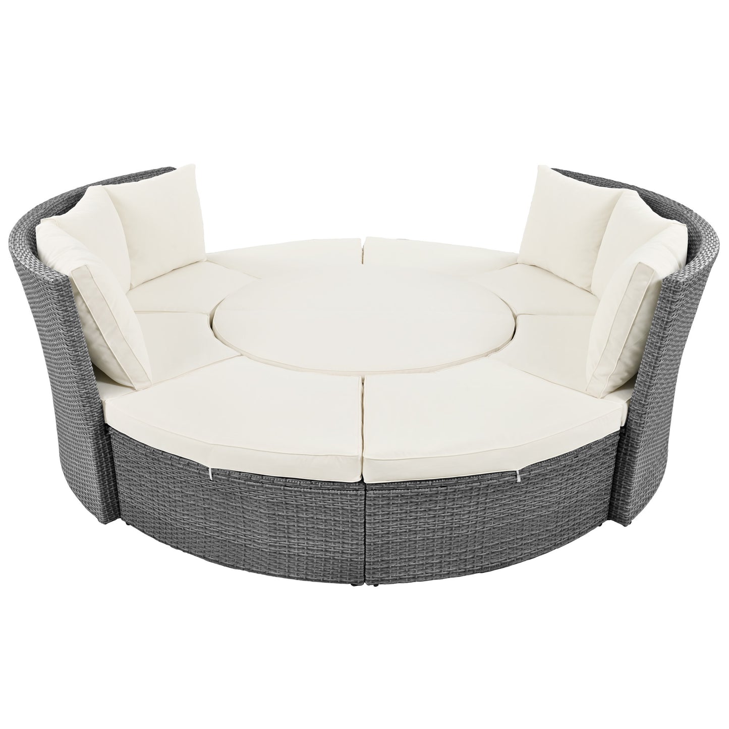 TOPMAX Patio 5-Piece Round Rattan Sectional Sofa Set All-Weather PE Wicker Sunbed Daybed with Round Liftable Table and Washable Cushions for Outdoor Backyard Poolside, Beige