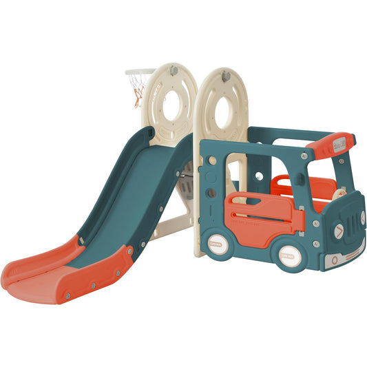 Kids Slide with Bus Play Structure, Freestanding Bus Toy with Slide for Toddlers, Bus Slide Set with Basketball Hoop