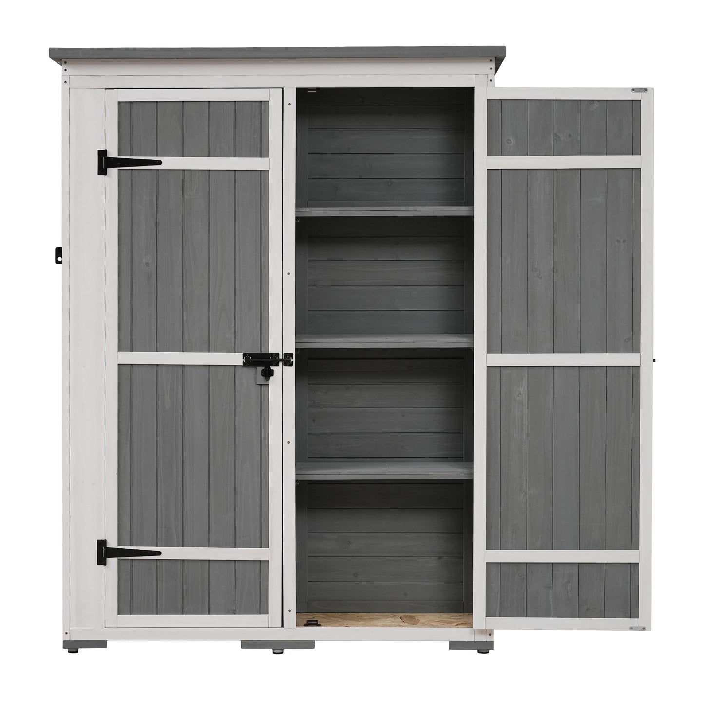 [Video Provided] TOPMAX Outdoor 5.5ft Hx4.1ft L Wood Storage Shed, Garden Tool Cabinet with Waterproof Asphalt Roof, Four Lockable Doors, Multiple-tier Shelves, White and Gray