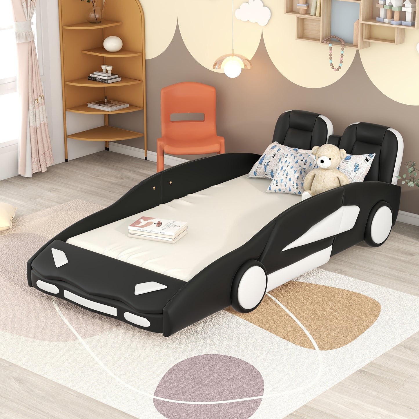 Twin Size Race Car-Shaped Platform Bed with Wheels, Black