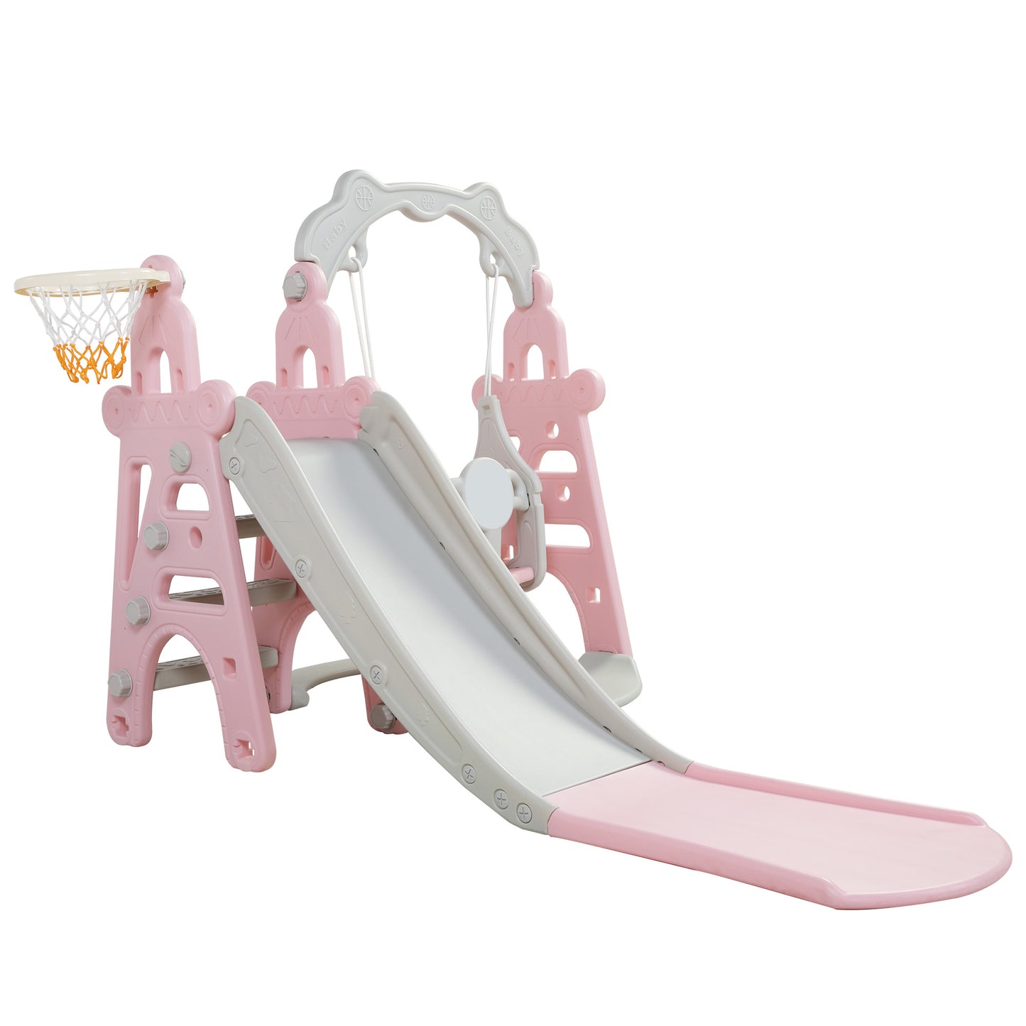 Kids Swing and Slide Set 3-in-1 Slide with Basketball Hoop for Indoor and Outdoor Activity Center, Pink+Gray