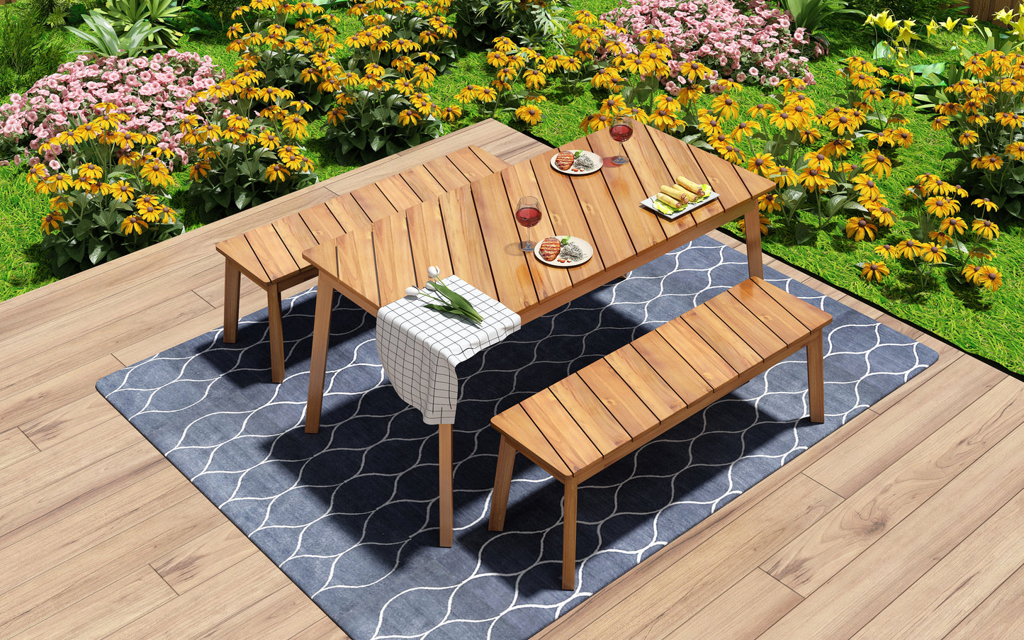 GO 3 Pieces Acacia Wood Table Bench Dining Set For Outdoor & Indoor Furniture With 2 Benches, Picnic Beer Table for Patio, Porch, Garden, Poolside, Natural