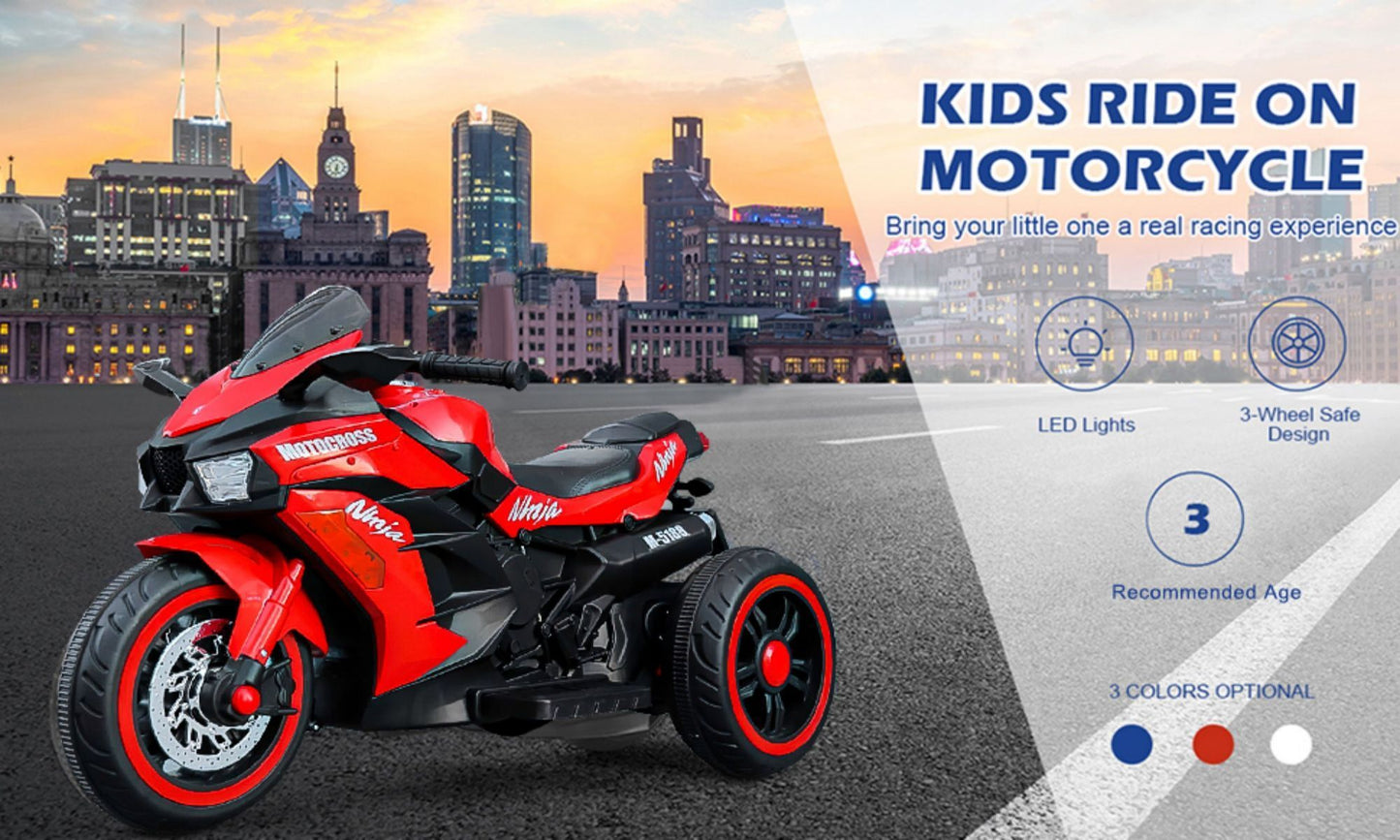 12V Battery Motorcycle, 3 Wheel Motorcycle, Kids Rechargeable Riding Motorized Car - Red