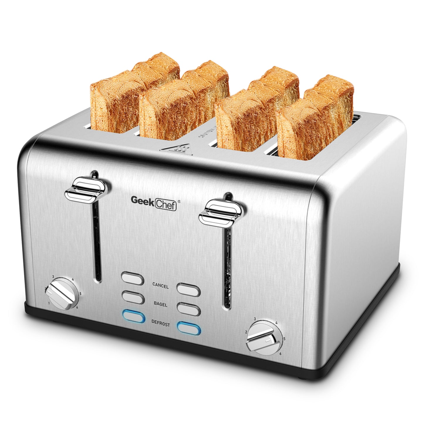 Toaster 4 Slice, Geek Chef Stainless Steel Extra-Wide Slot Toaster with Dual Control Panels of Bagel/Defrost/Cancel Function, 6 Toasting Bread Shade Settings, Removable Crumb Trays Ban on Amazon