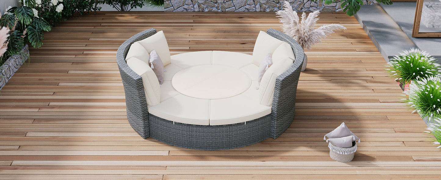 TOPMAX Patio 5-Piece Round Rattan Sectional Sofa Set All-Weather PE Wicker Sunbed Daybed with Round Liftable Table and Washable Cushions for Outdoor Backyard Poolside, Beige