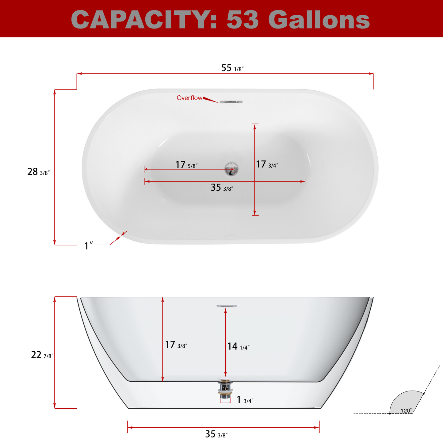 Sleek White Acrylic Freestanding Soaking Bathtub with Chrome Overflow and Drain, cUPC Certified - 55*28.35 22A09-55