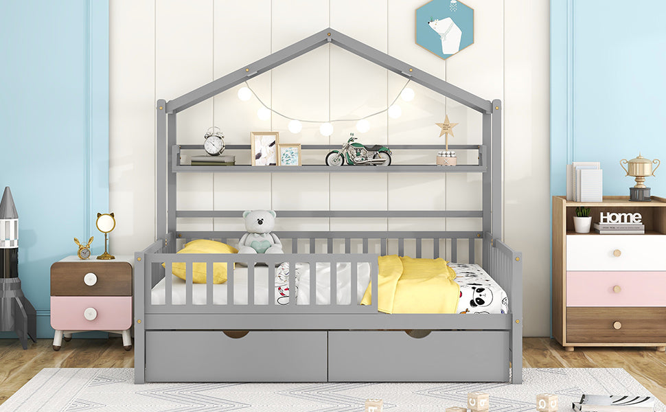 Wooden Full Size House Bed with 2 Drawers,Kids Bed with Storage Shelf, Gray