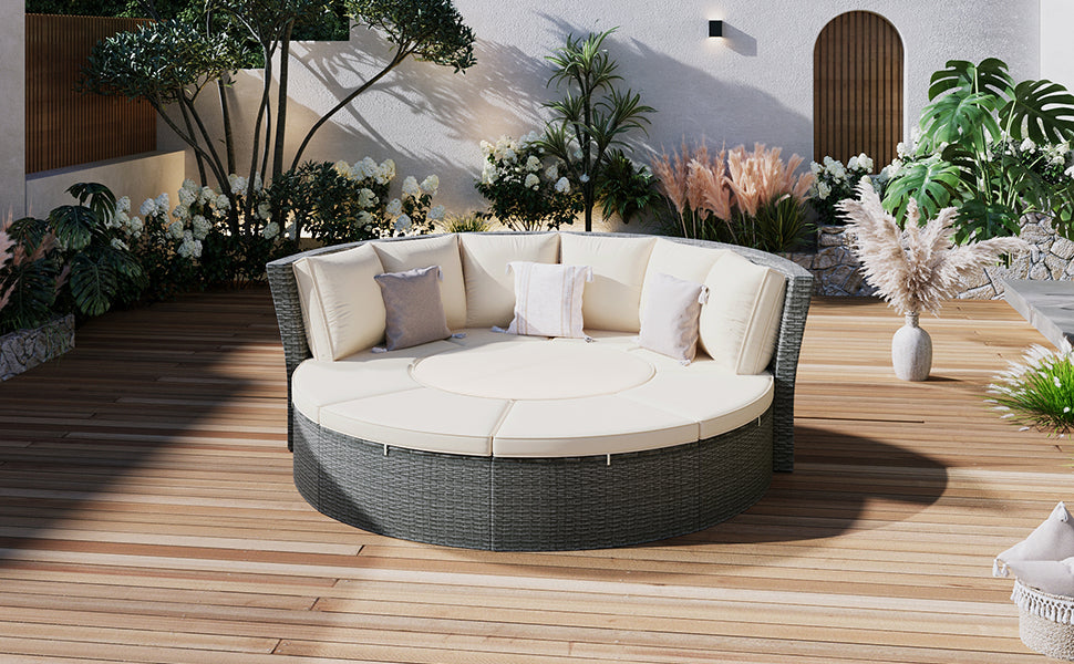 TOPMAX Patio 5-Piece Round Rattan Sectional Sofa Set All-Weather PE Wicker Sunbed Daybed with Round Liftable Table and Washable Cushions for Outdoor Backyard Poolside, Beige