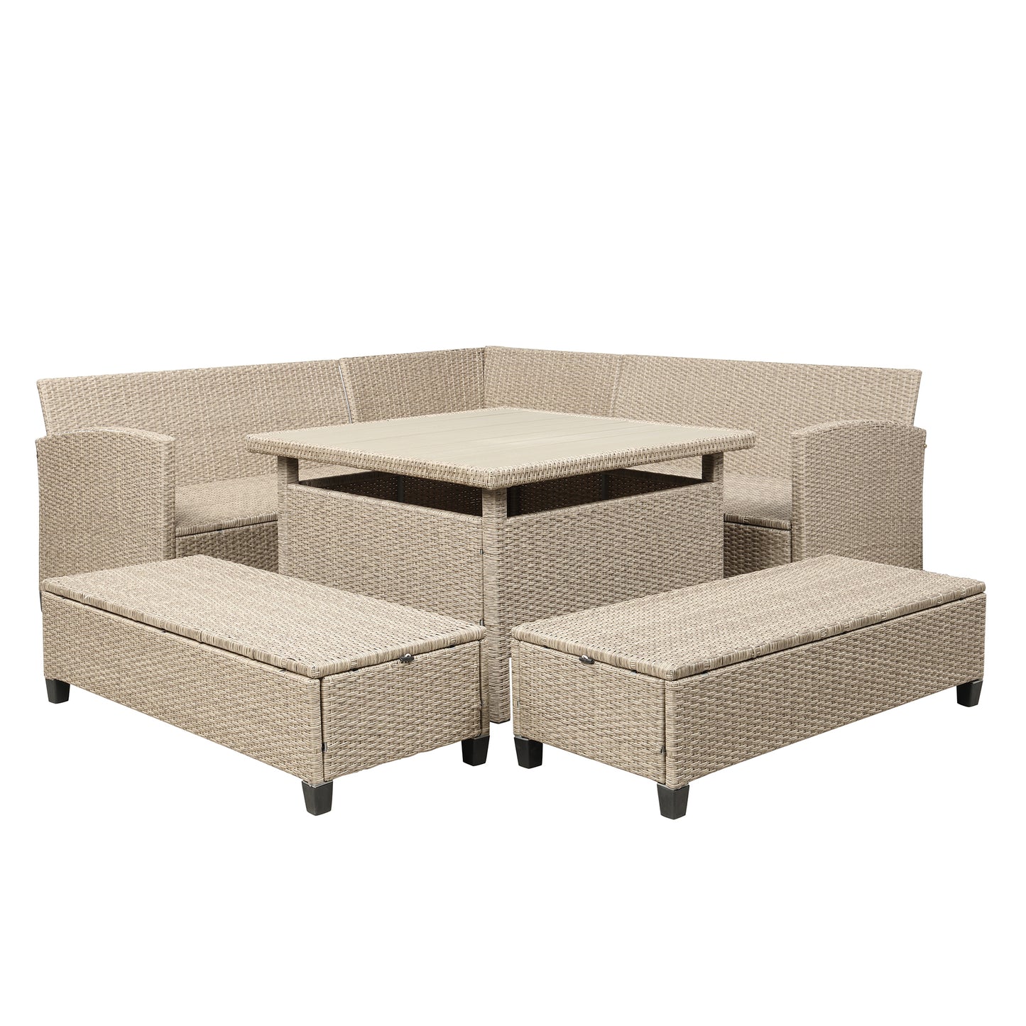 TOPMAX 6-Piece Patio Furniture Set Outdoor Wicker Rattan Sectional Sofa with Table and Benches for Backyard, Garden, Poolside