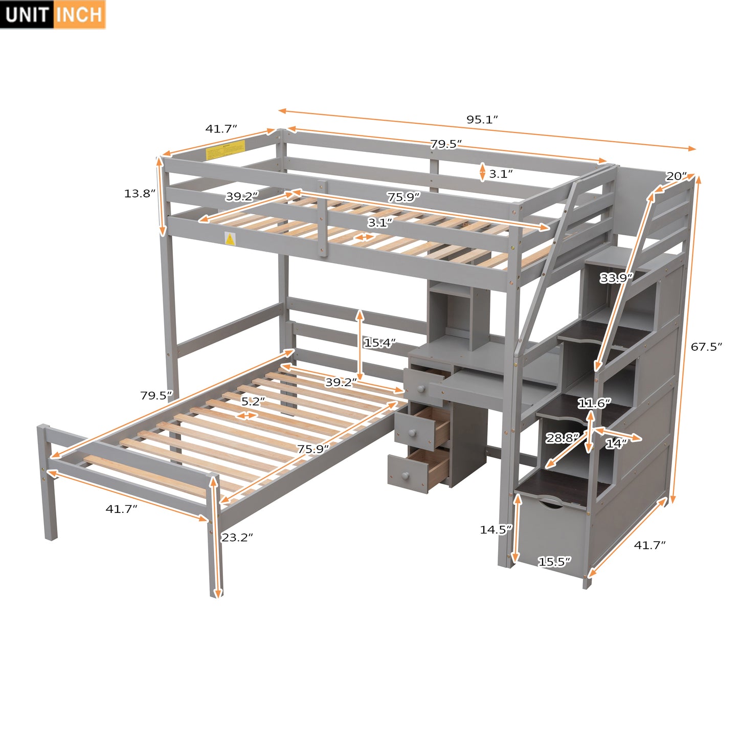 Twin Size Loft Bed with a Stand-alone Bed, Storage Staircase, Desk, Shelves and Drawers, Gray