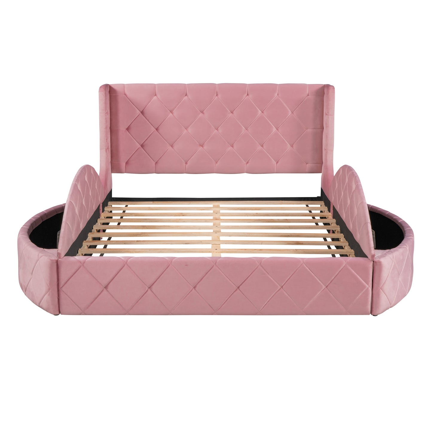 Upholstered Platform Bed Queen Size Storage Velvet Bed with Wingback Headboard and 1 Big Drawer,2 Side Storage Stool(Pink)